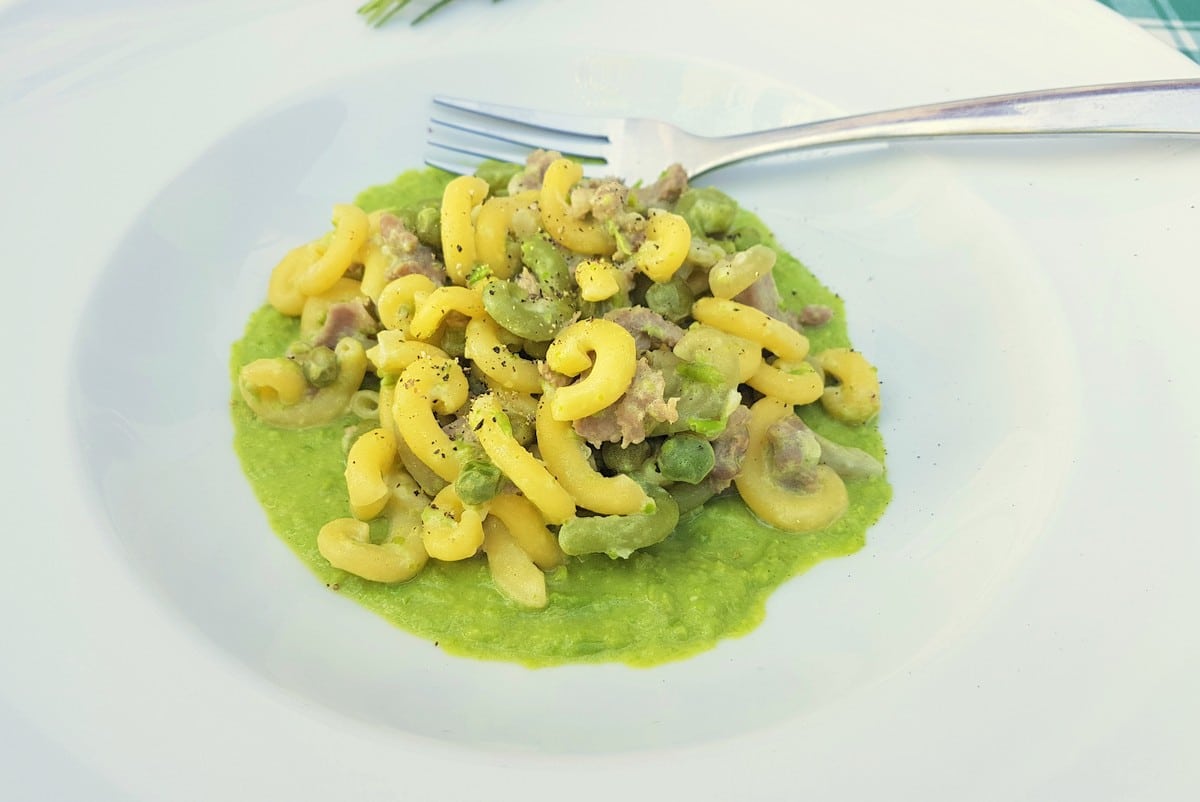 Gramigna pasta with sausage and peas.