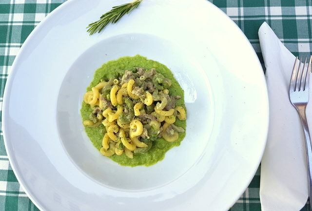 gramigna with sausage, peas and cream in white plate on green and white tablecloth