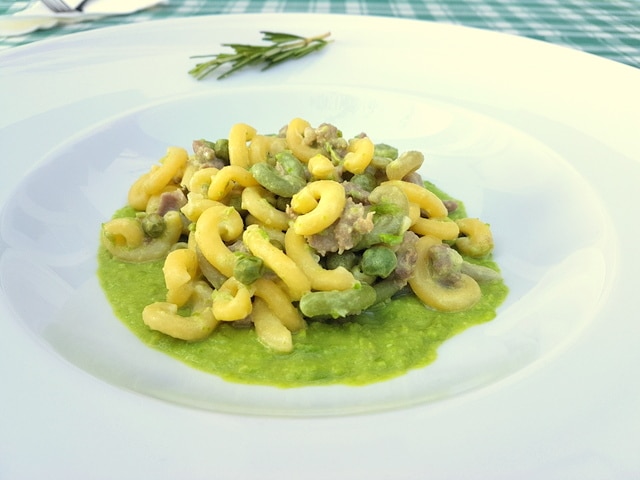 gramigna with sausage, peas and cream