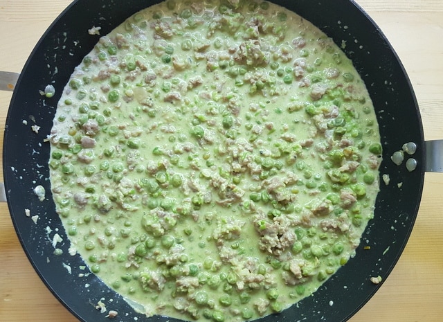 sausage, peas and cream sauce after pea puree is added.