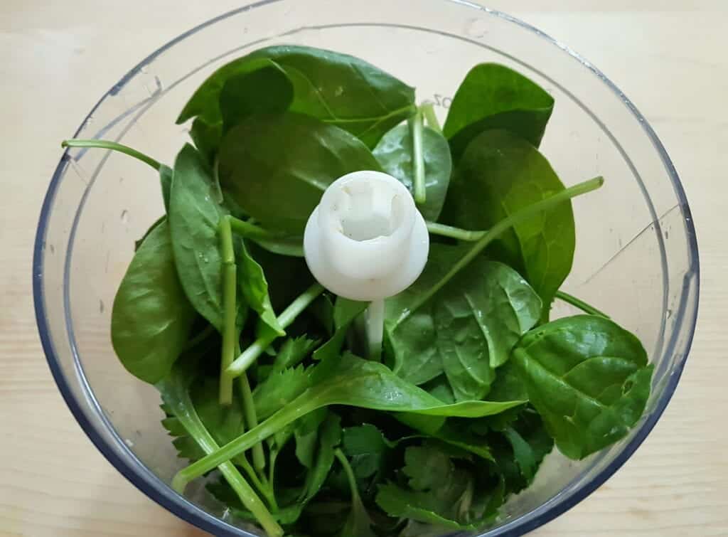 herbs and spinach leaves in blender