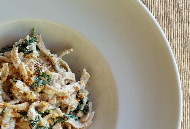 hazelnut pasta with spinach and ricotta cream