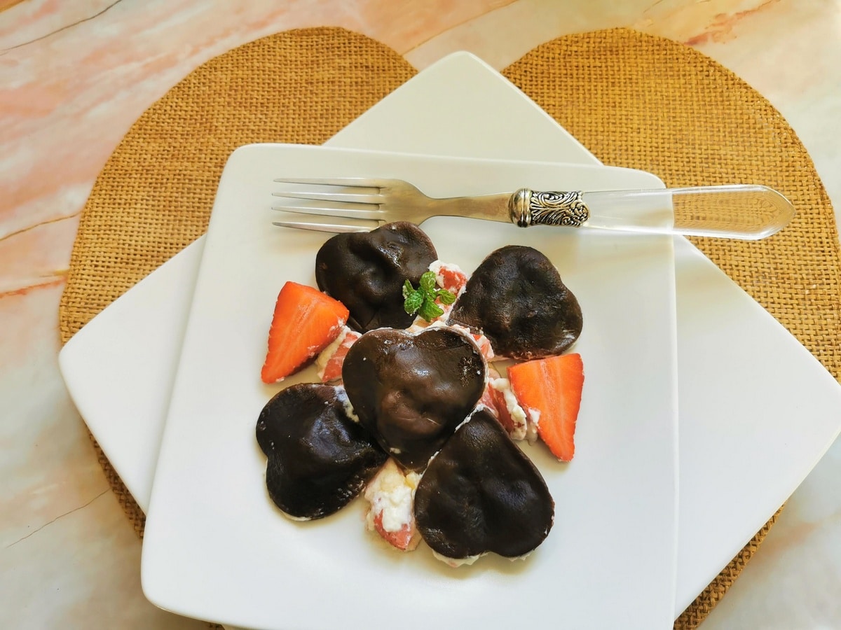 Heart-shaped chocolate ravioli.