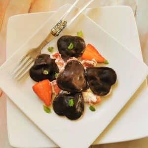 Heart-shaped chocolate ravioli.