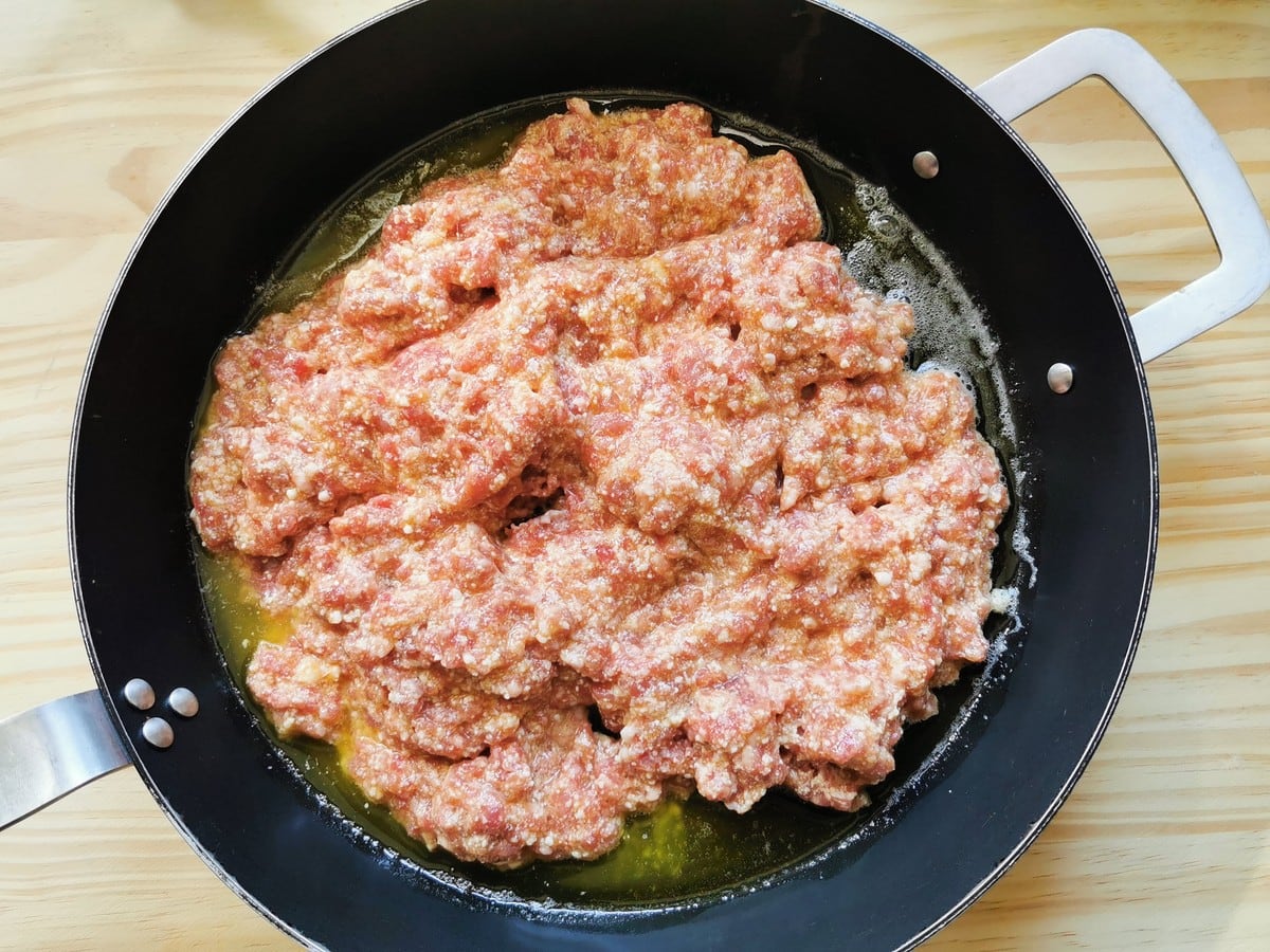 uncooked cannelloni filling in skillet