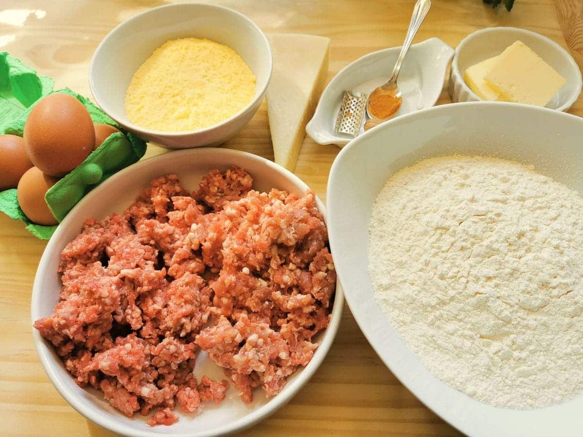 ingredients for homemade cannelloni from Abruzzo on wooden worktop