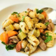 Homemade Sardinian gnocchi (malloreddus) cooked in lamb broth.