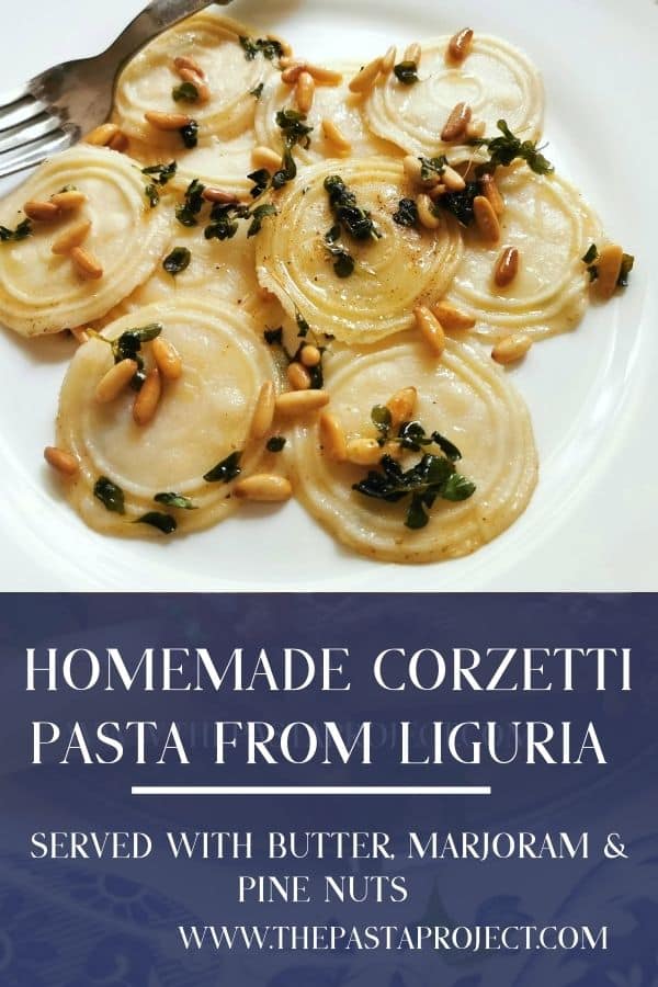 Homemade corzetti pasta with marjoram and pine nuts.