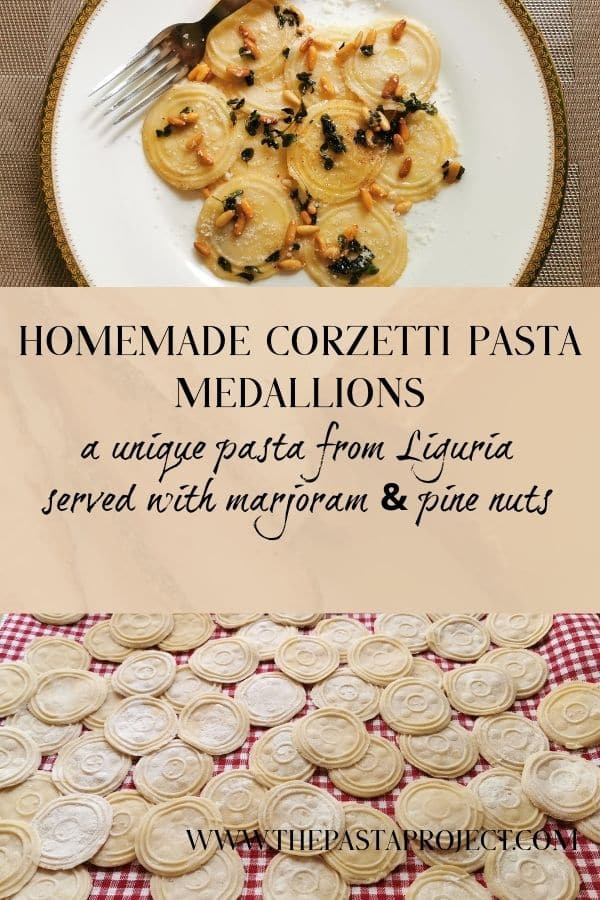 Homemade corzetti pasta with marjoram and pine nuts.