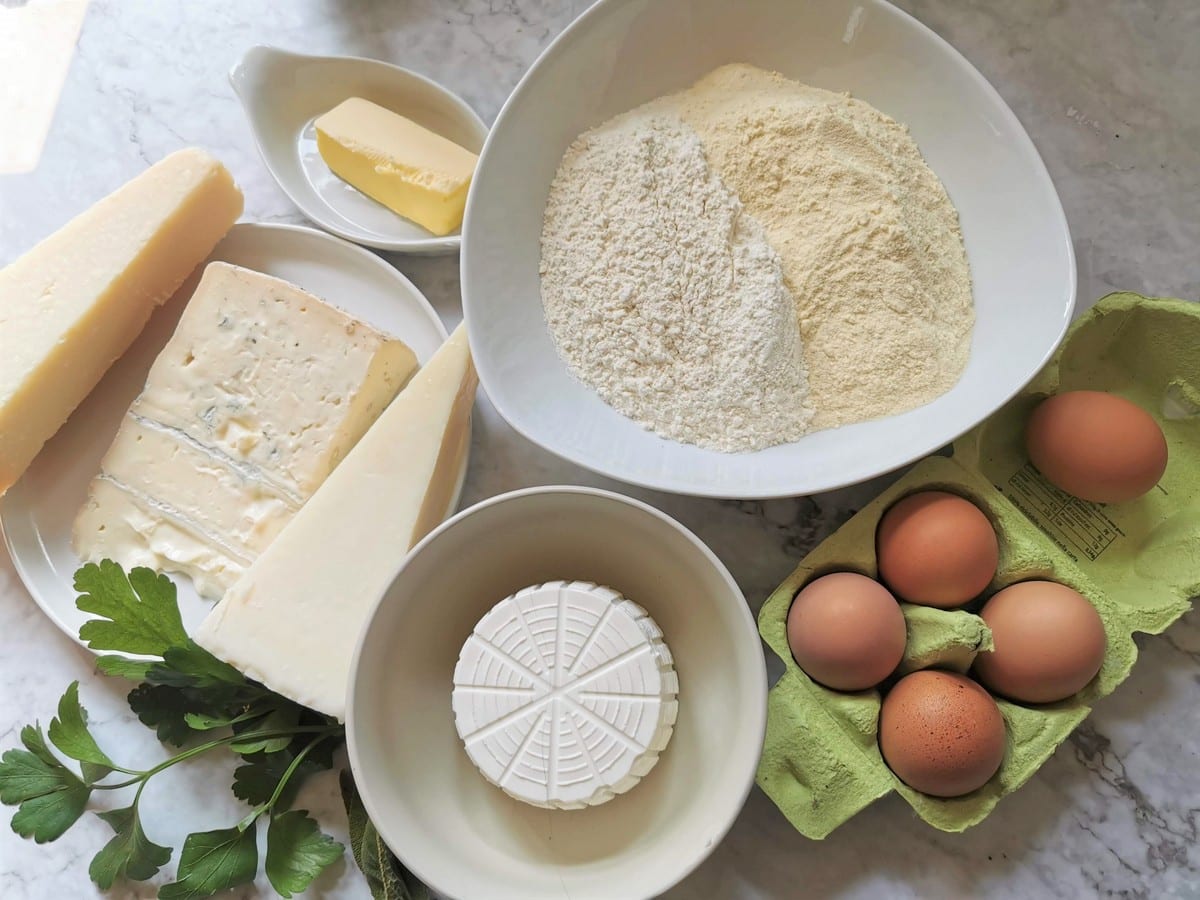 Ingredients for fagottini pasta with a four cheese filling.