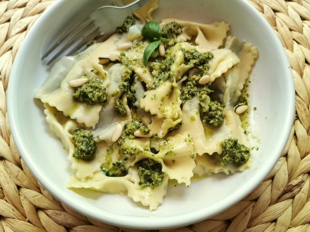 homemade farfalle with pesto