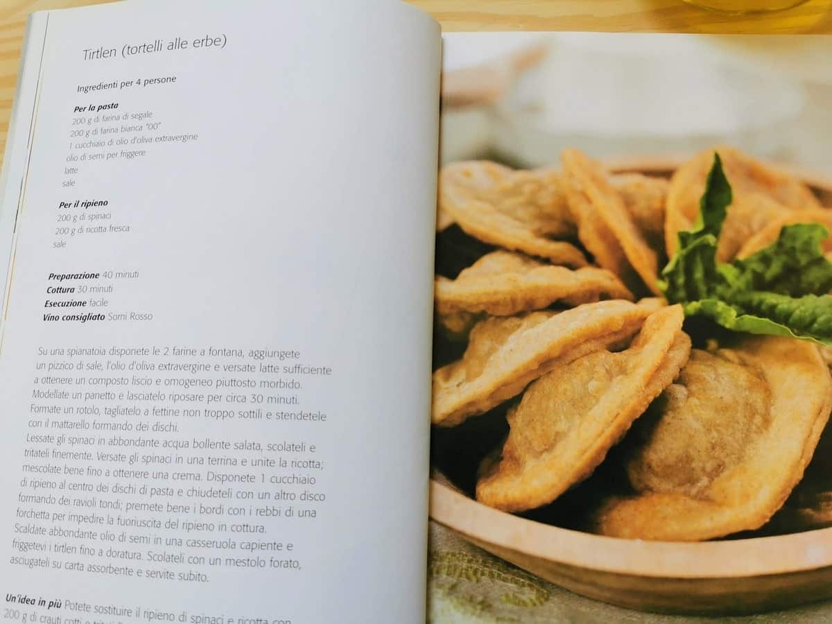 Italian cookbook showing the recipe for rye flour ravioli.