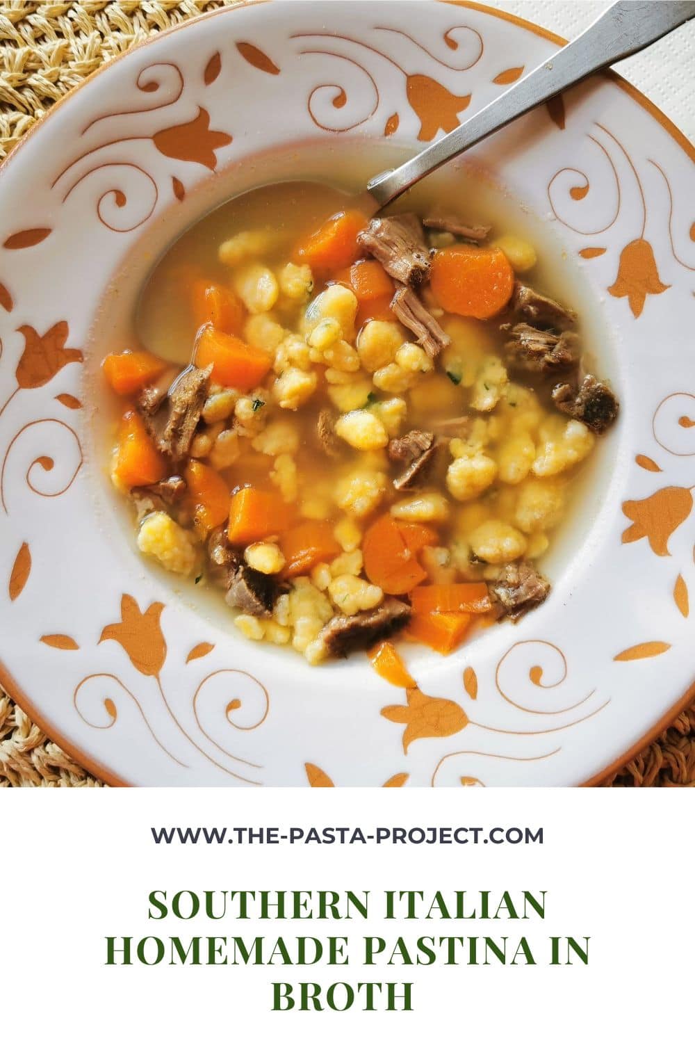 Homemade pastina in beef broth.