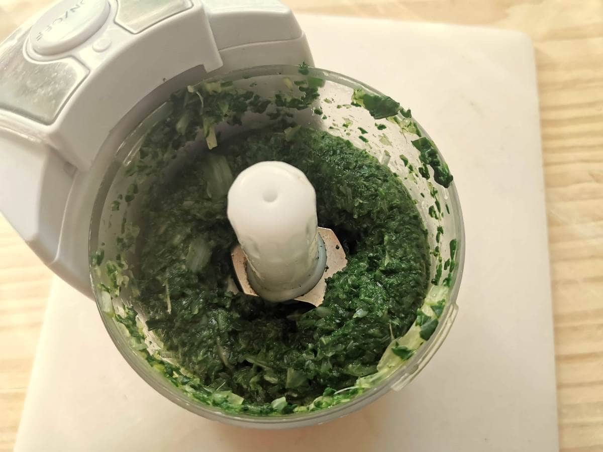 Puréed Swiss chard and spinach in food processor.