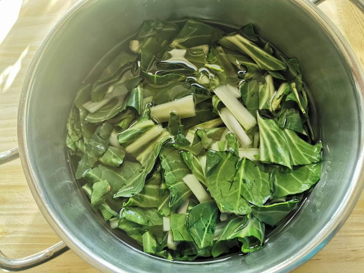 Washed and chopped Swiss chard in saucepan with water.