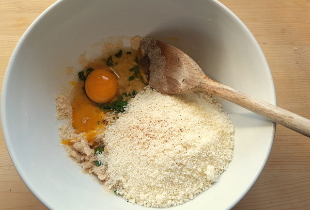 filling ingredients for stuffed mezze maniche in white bowl