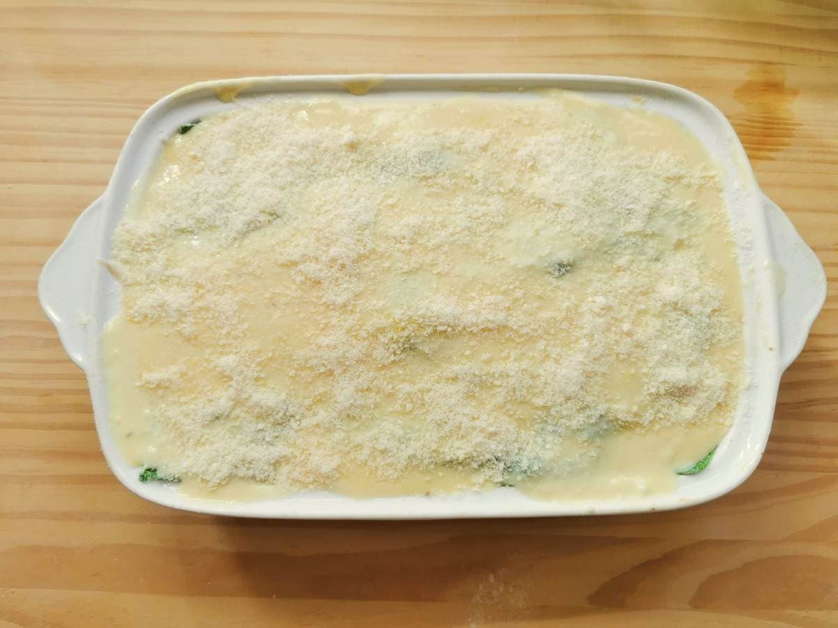 Lasagne al forno with Bolognese ready to go in the oven.