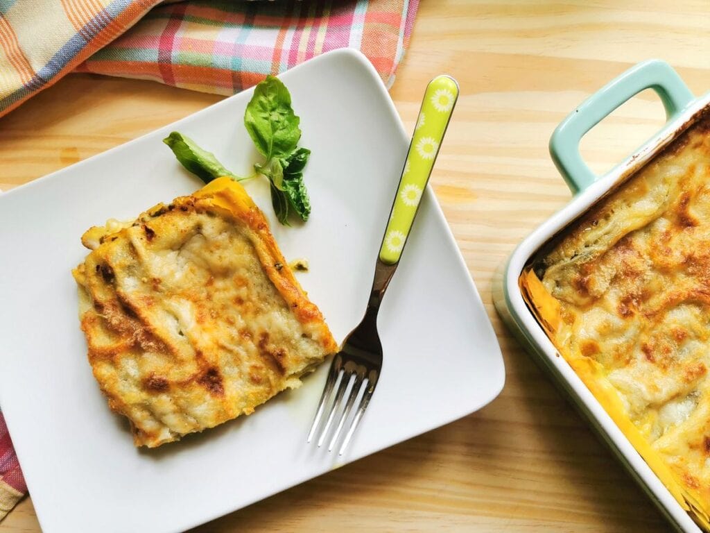 Baked basil pesto lasagna fresh from the oven.