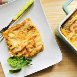 Basil pesto lasagna on a plate.