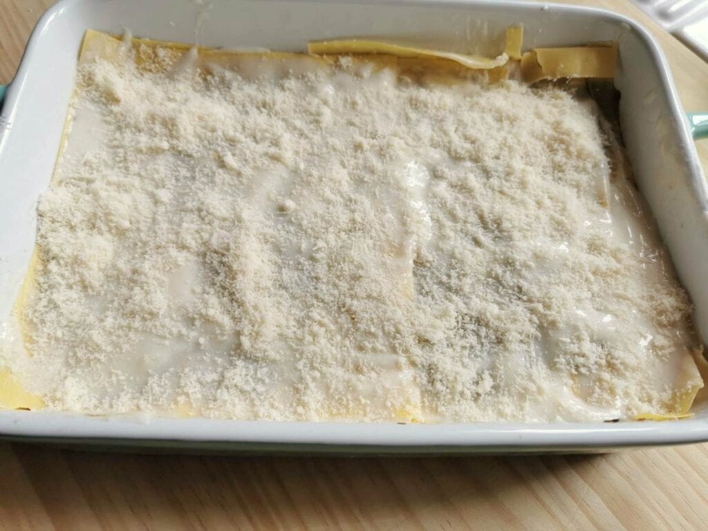 Italian basil pesto lasagne al forno ready to go in the oven