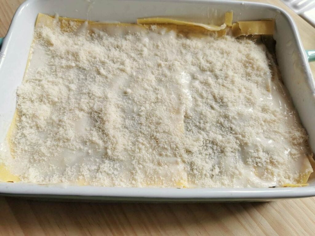 Italian basil pesto lasagne al forno ready to go in the oven.