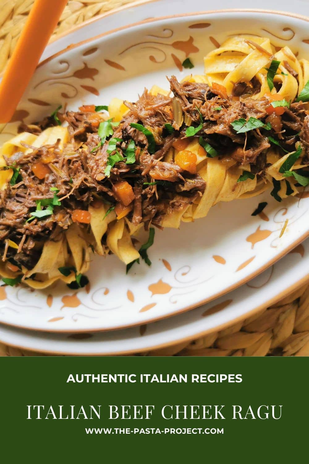 Verticle image with text for Pinterest for Italian beef cheek ragu.