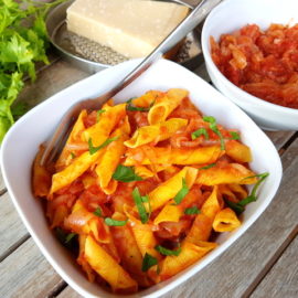 Italian braised onion sauce (il friggione) with garganelli pasta