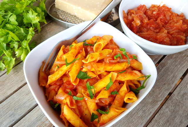 Italian braised onion sauce (il friggione) with garganelli pasta