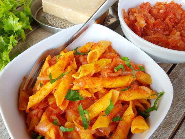 Italian braised onion sauce (il friggione) with garganelli pasta
