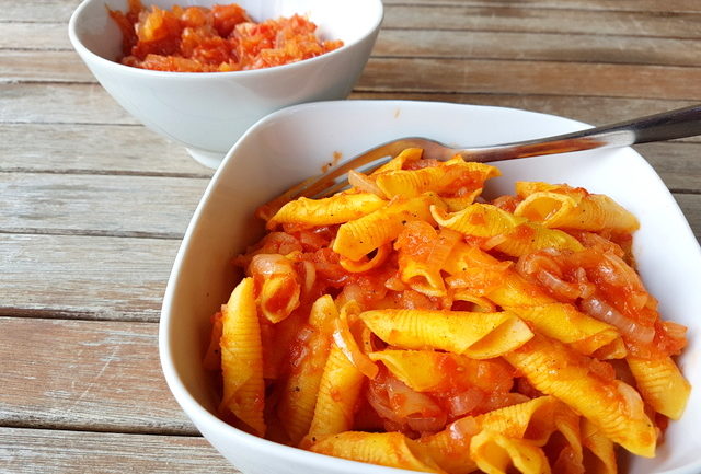 Italian braised onion sauce (il friggione) with garganelli pasta