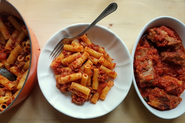 Italian braised pork ribs with pasta