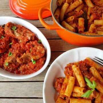 Italian braised pork ribs with pasta.