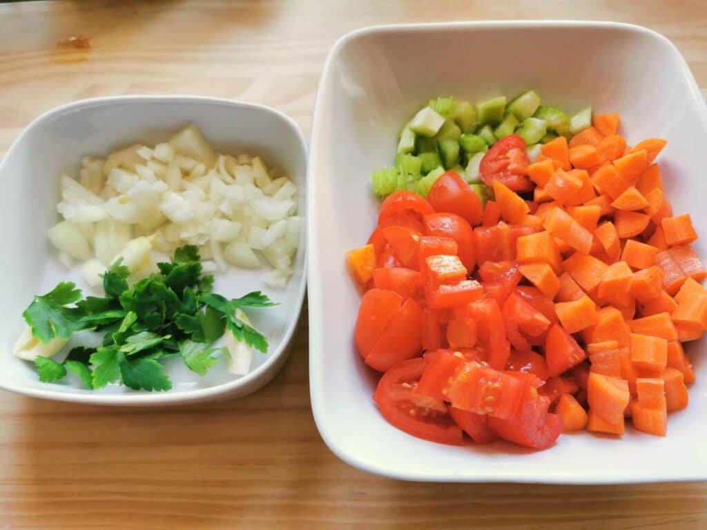 Prepared vegetables for the chicken noodle soup