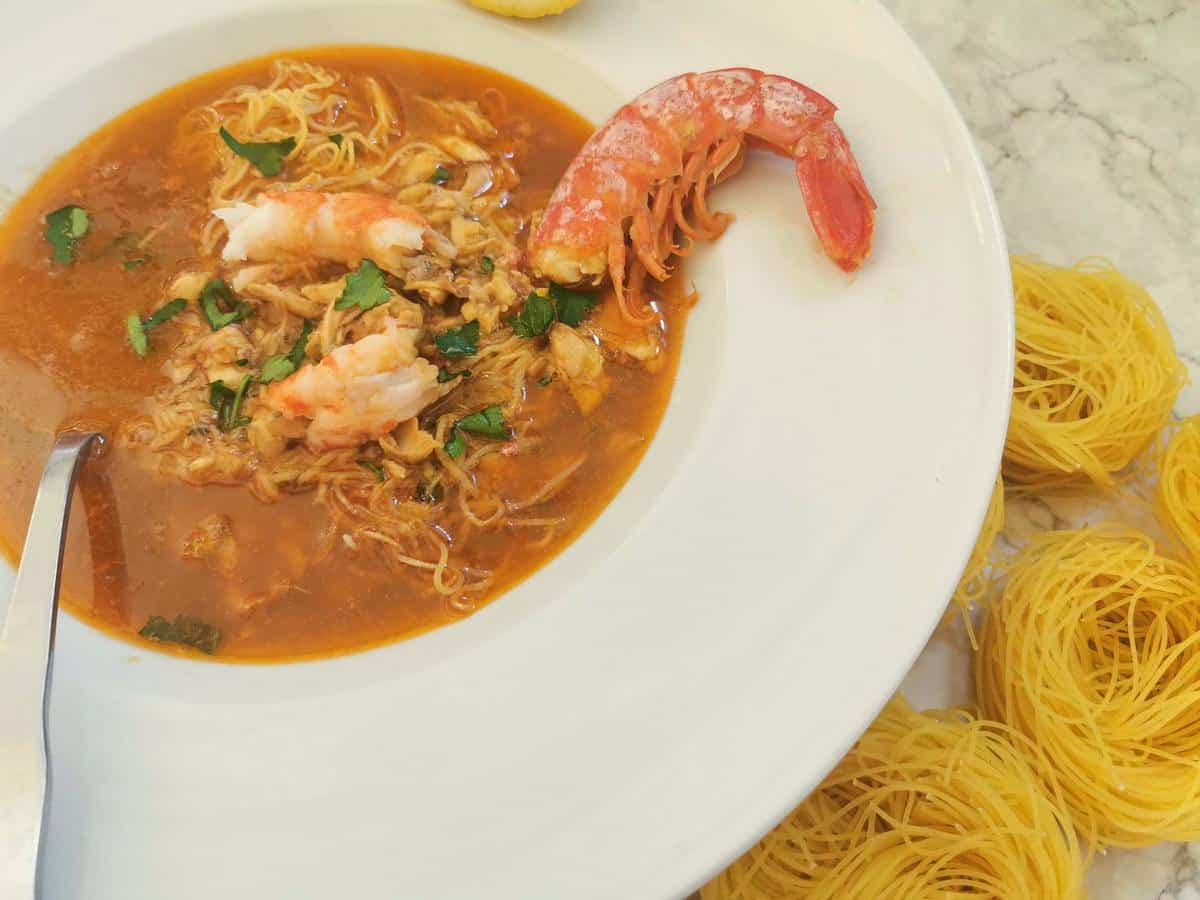 Italian fish soup with angel hair pasta.