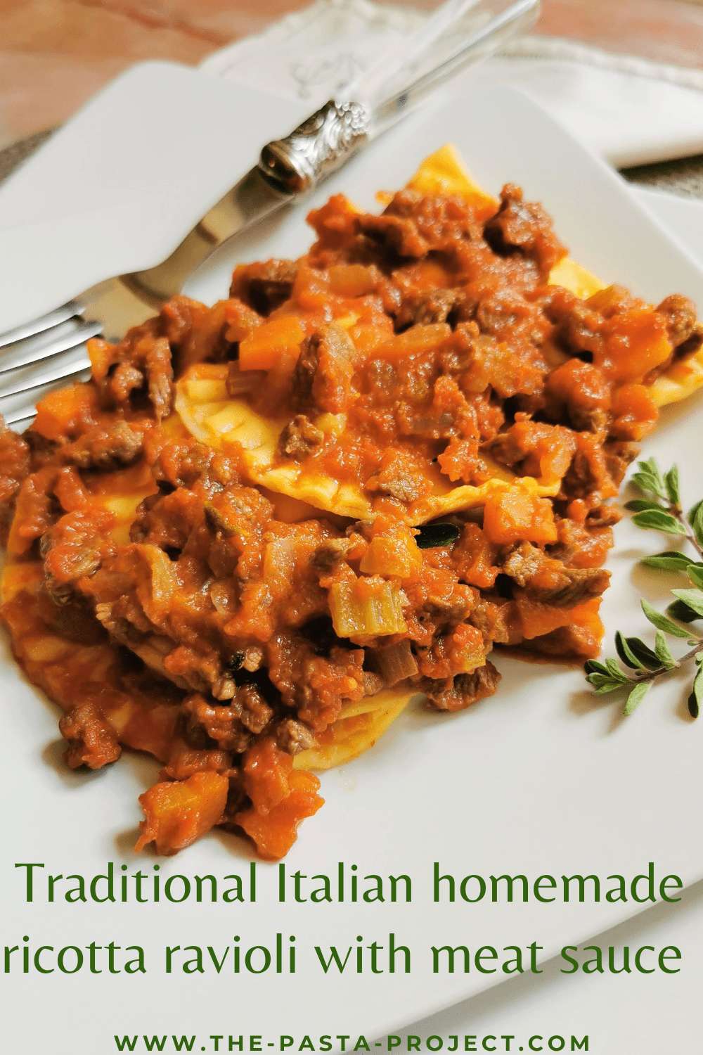 Traditional homemade ricotta ravioli with meat sauce recipe from Marche