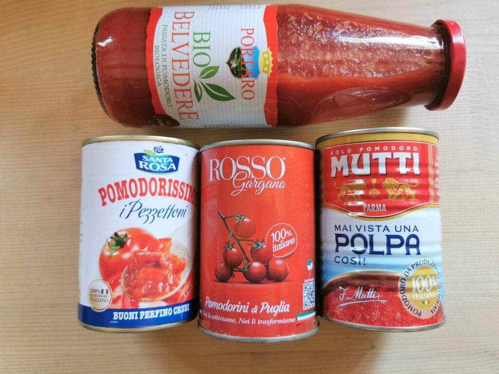 Italian canned passata, polpa, pezzettoni and cherry tomatoes from my larder.