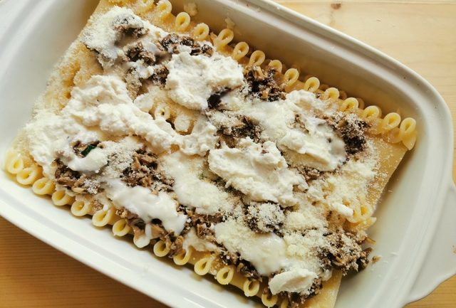 second layer of lasagne pasta sheets, ricotta, mushrooms, béchamel and grated parmigiano.