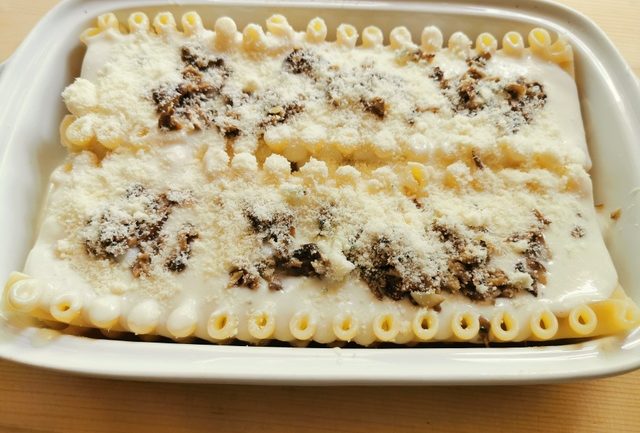 Italian ricotta and mushroom lasagne al forno ready for the oven