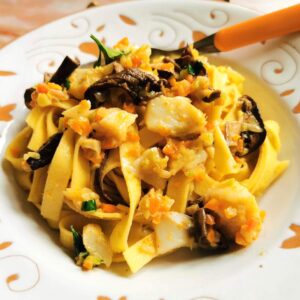 Italian salt cod (baccalà) and porcini tagliatelle