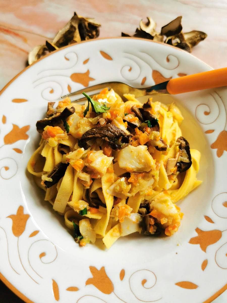 Italian salt cod (baccalà) and porcini tagliatelle