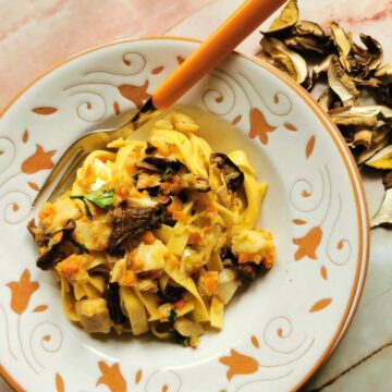 Italian salt cod (baccalà) and porcini tagliatelle