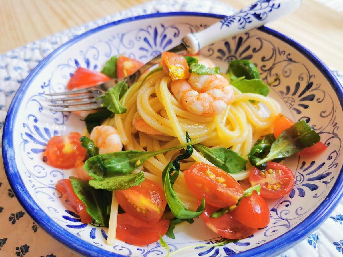 Cold spaghetti salad with shrimp.