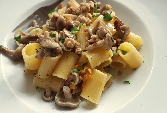 Italian white ragu pasta with wild mushrooms