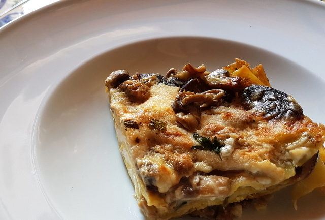 Lasagna bianca with burrata and mushrooms. 