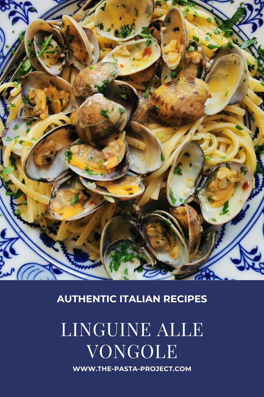 Verticle Pinterest image for linguine alle vongole (pasta with clams)