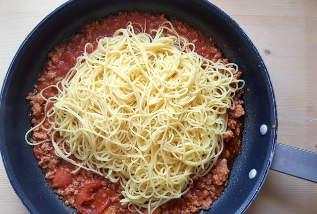 Maccheroncini di Campofilone pasta in frying pan with Marchigiano ragu 