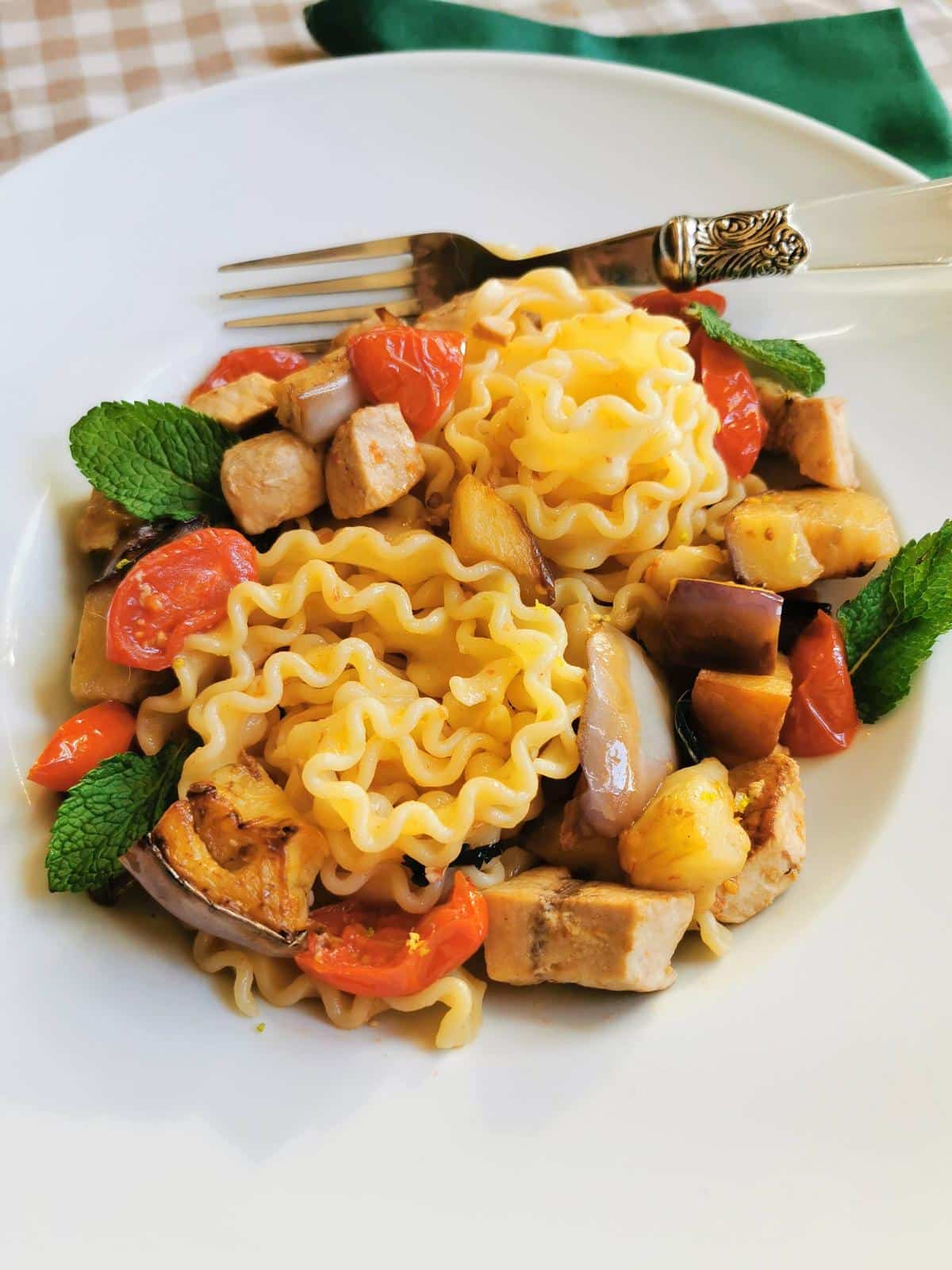 Swordfish pasta in a bowl.