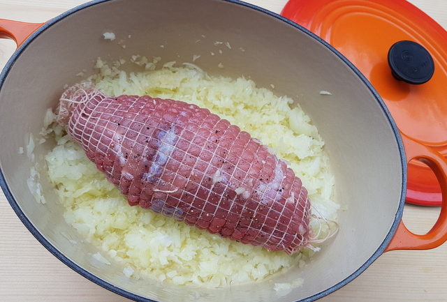 finely chopped onions and rolled veal should in Dutch oven