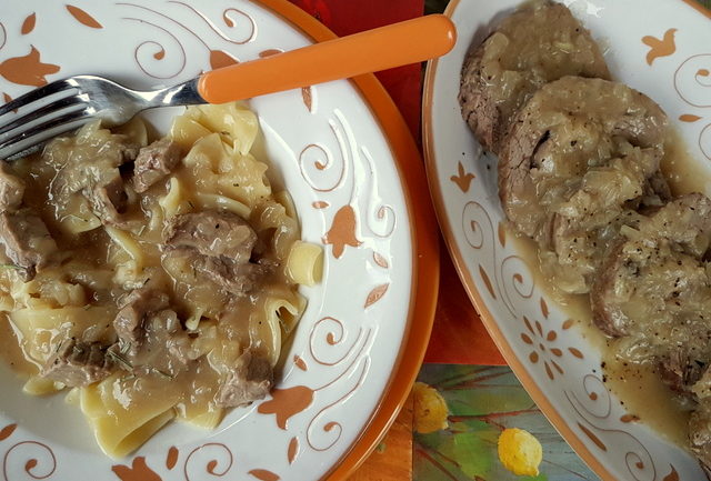 Maltagliati pasta with braised veal and onions 