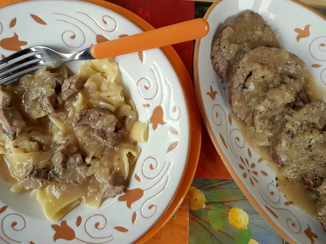 Maltagliati pasta with braised veal and onions